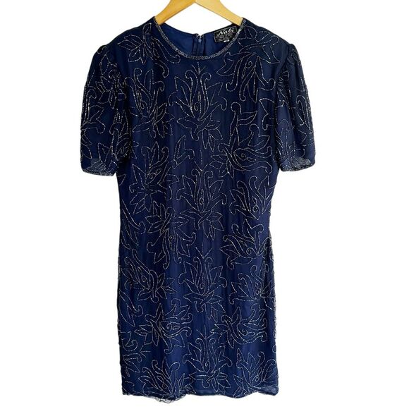Nabi Dresses & Skirts - Vintage 100% Silk Sequin Navy Cocktail Party Evening Mini Dress Size Medium 90's